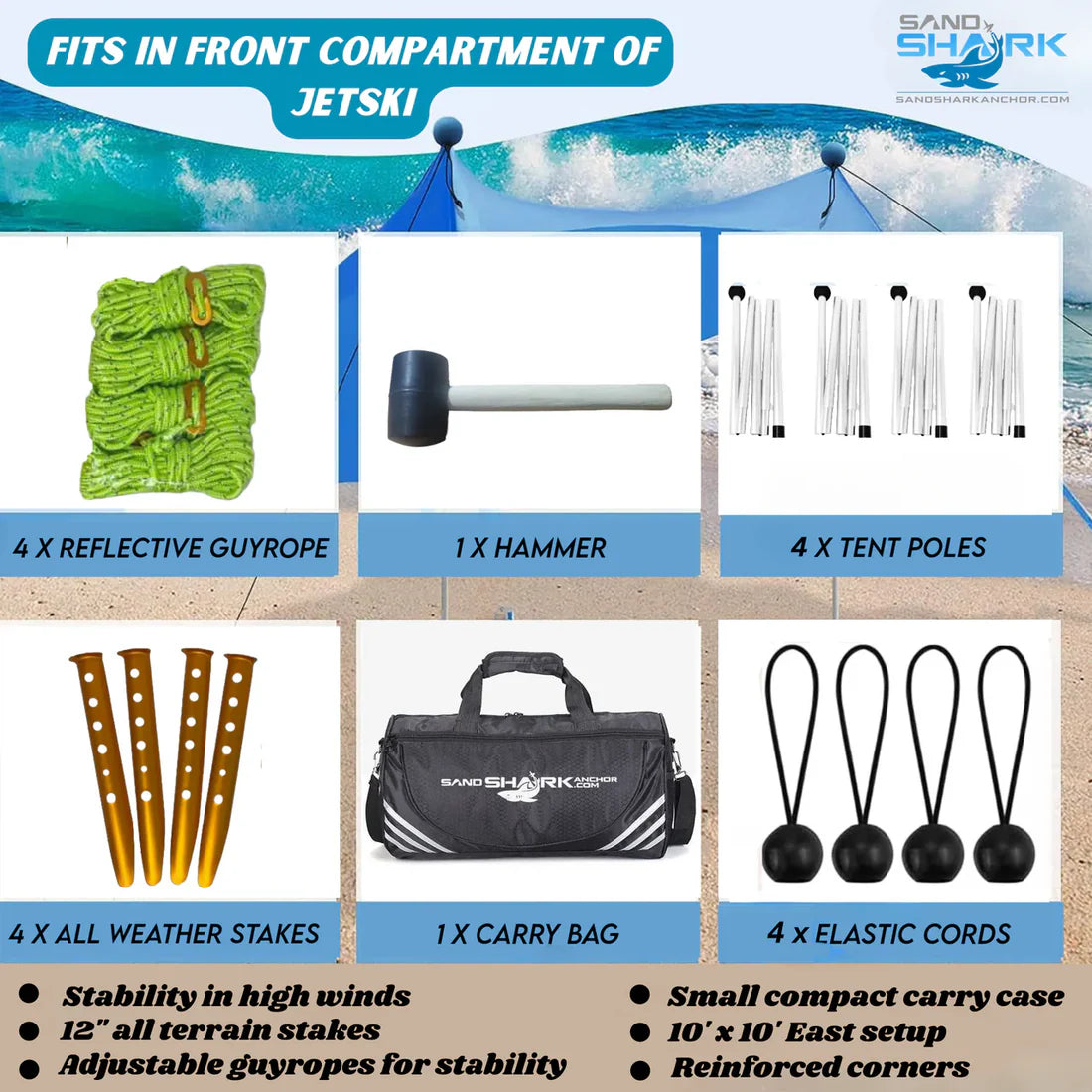 Collection of sand anchor kit components with SandShark branding on a beach background.