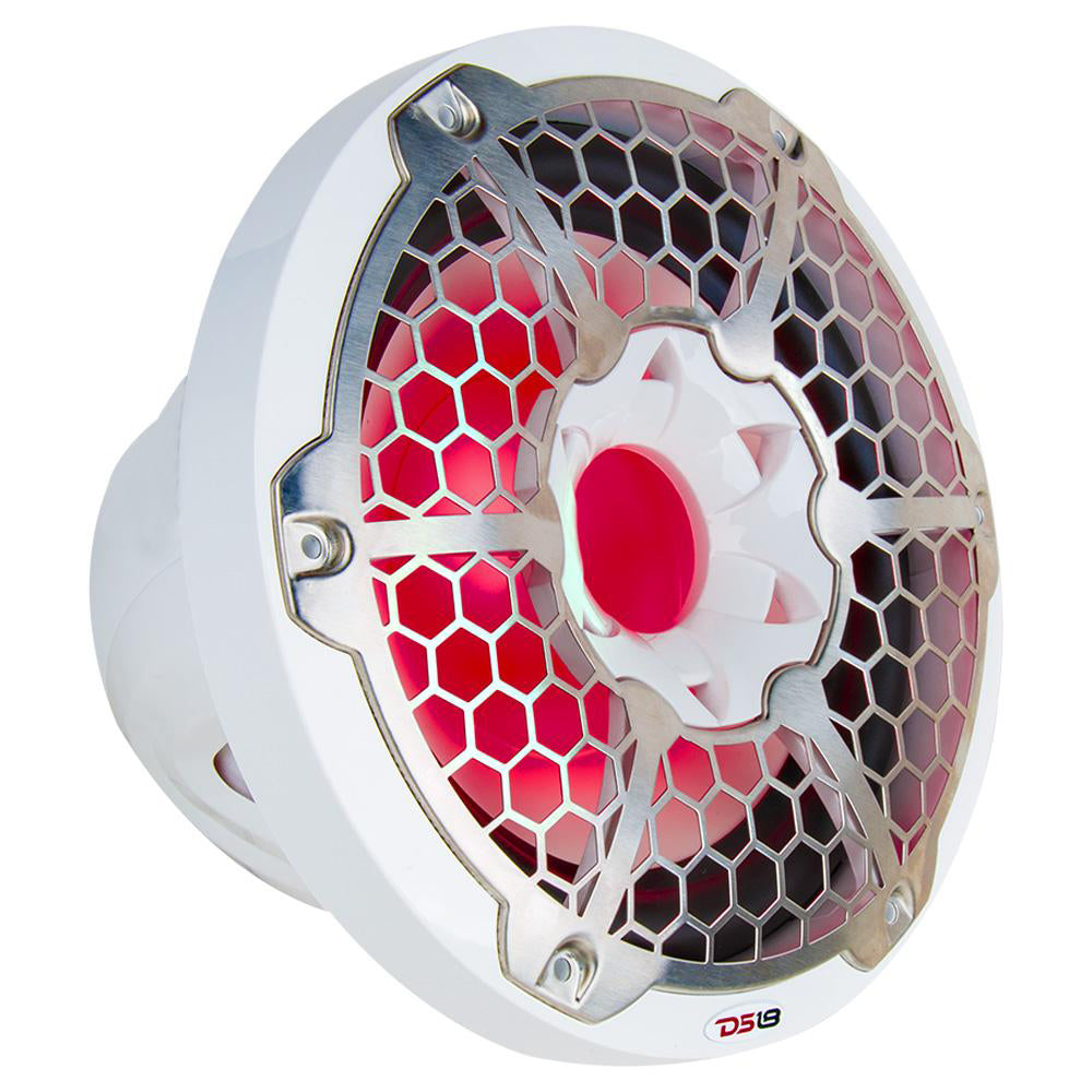 DS18 HYDRO 12 inch marine subwoofer in white with RGB LED lights