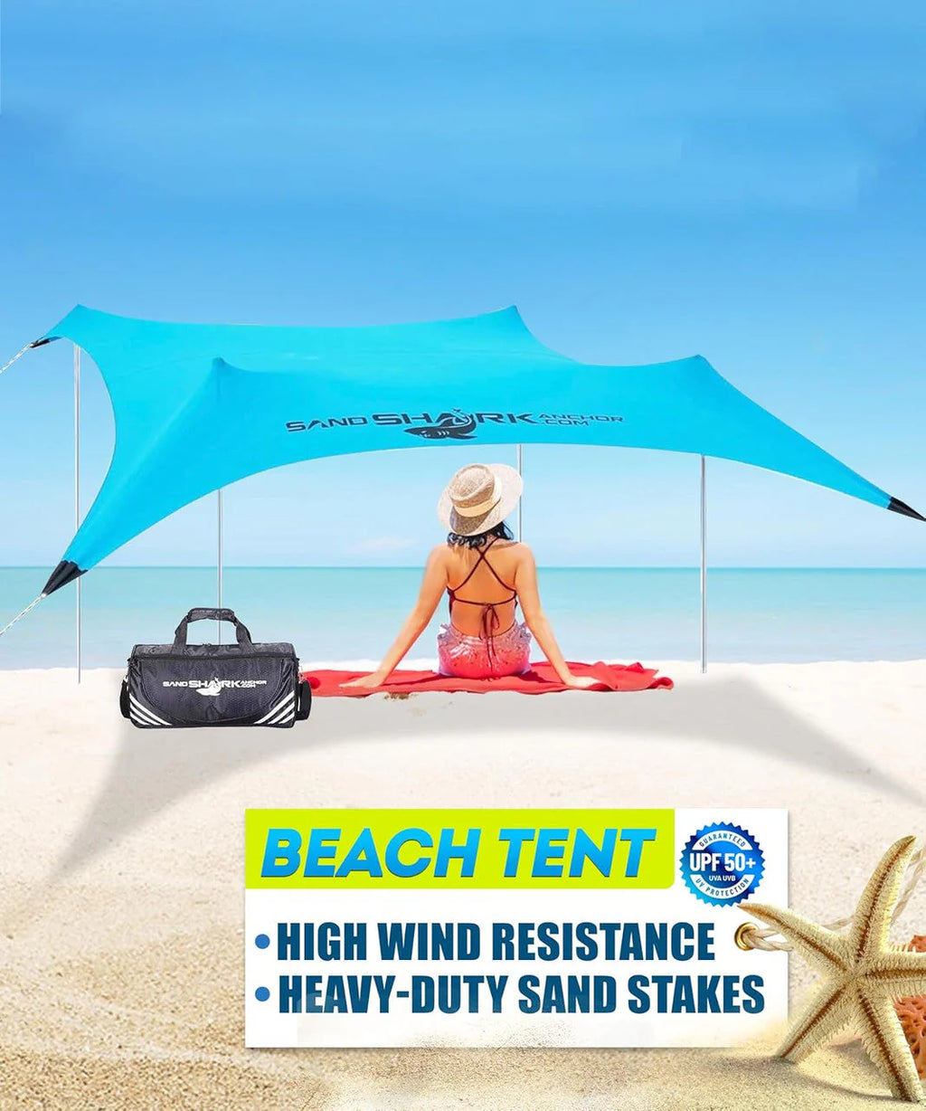 Woman sitting under a blue beach tent with sand stakes on a sandy SandShark Large Pop-Up Beach Tent – Shade and Comfort Anywhere

Enjoy long days on the sand without worrying about sunburn or overheating. The SandShark Large Pop-Up Beach Tent is the ultimate portable sunshade for sandbars, beaches, lakesides, and outdoor adventures. With quick setup, durable construction, and reliable sun protection, this tent is designed for families, boaters, and anyone who loves time outdoors.

Features:

UPF 50+ Protec.