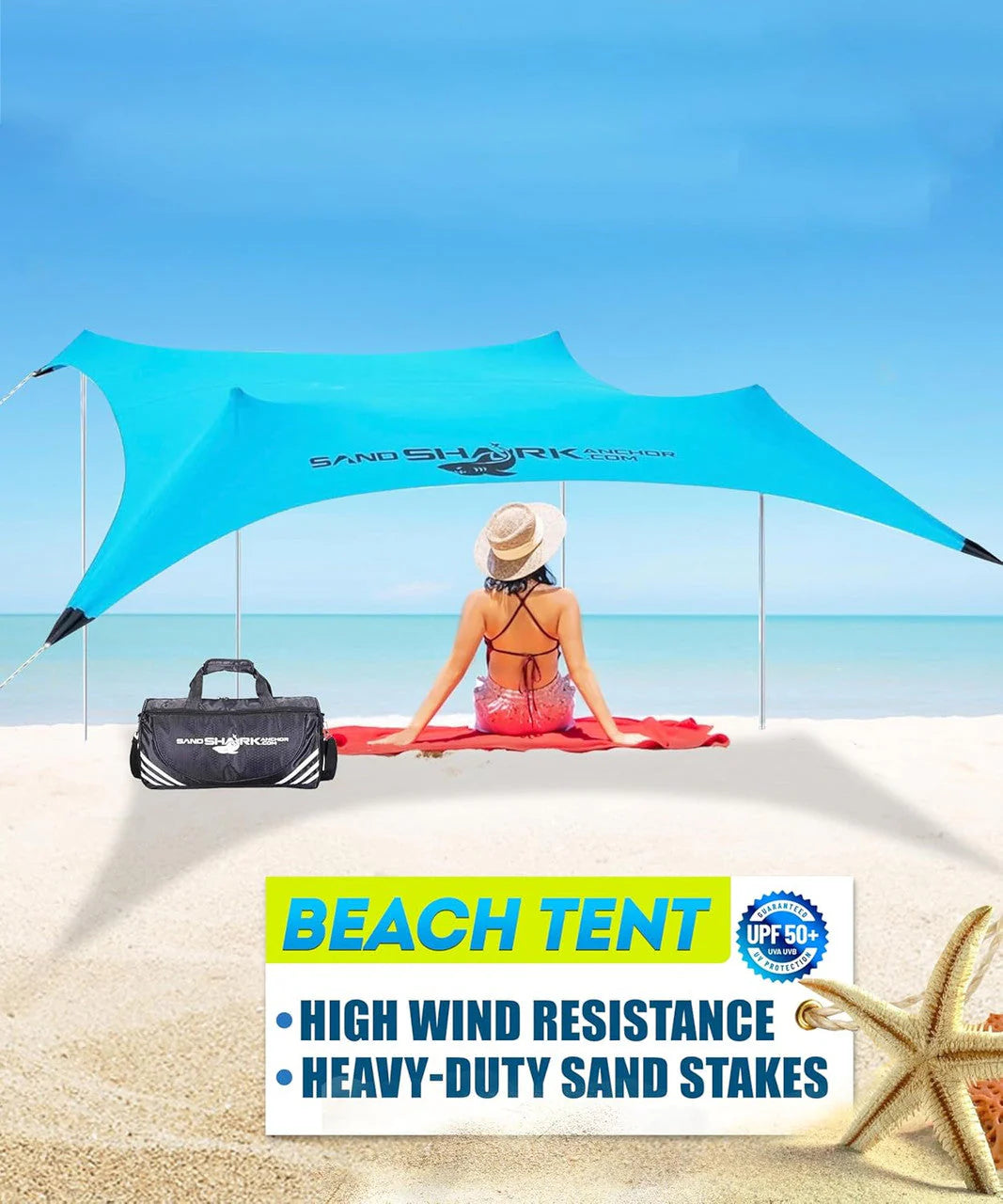 Woman sitting under a blue beach tent with sand stakes on a sandy SandShark Large Pop-Up Beach Tent – Shade and Comfort Anywhere

Enjoy long days on the sand without worrying about sunburn or overheating. The SandShark Large Pop-Up Beach Tent is the ultimate portable sunshade for sandbars, beaches, lakesides, and outdoor adventures. With quick setup, durable construction, and reliable sun protection, this tent is designed for families, boaters, and anyone who loves time outdoors.

Features:

UPF 50+ Protec.