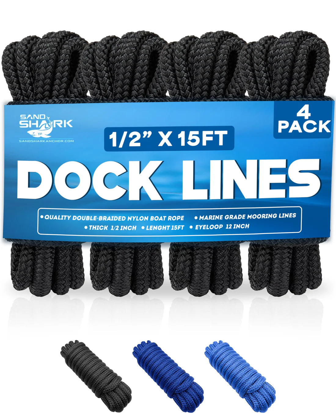 SandShark 4-Pack Premium Dock Lines – ½” x 15 ft Heavy-Duty Mooring Ropes for Boats, Jet Skis & Pontoons