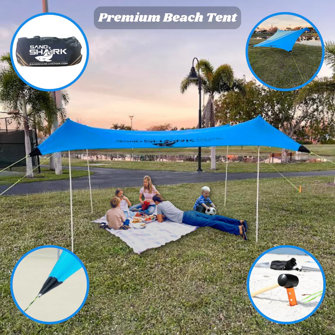 Blue beach tent with people under it in a park setting, featuring close-up insets of product details.