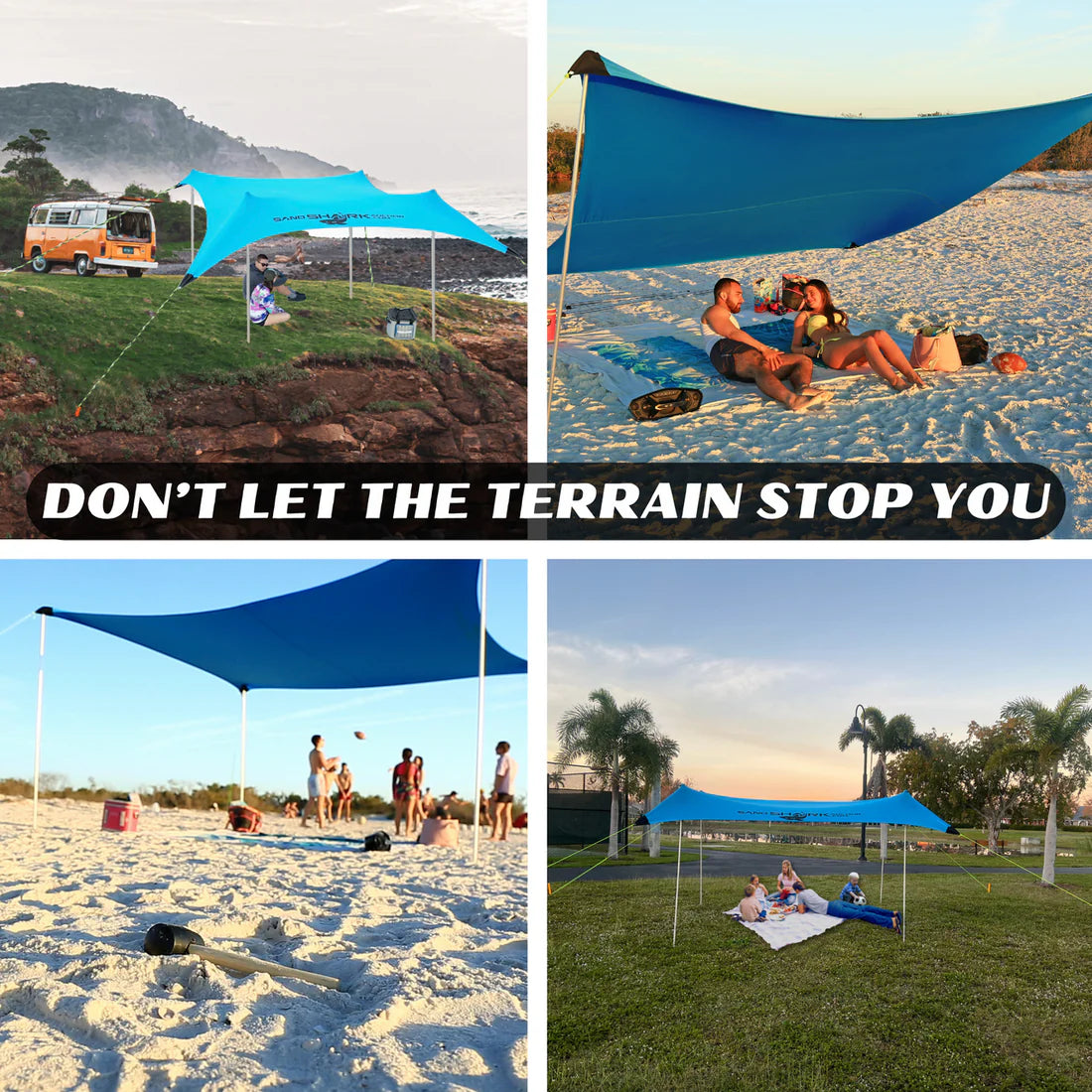 Collage of blue shade sails in various outdoor settings with text 'Don't let the terrain stop you'.