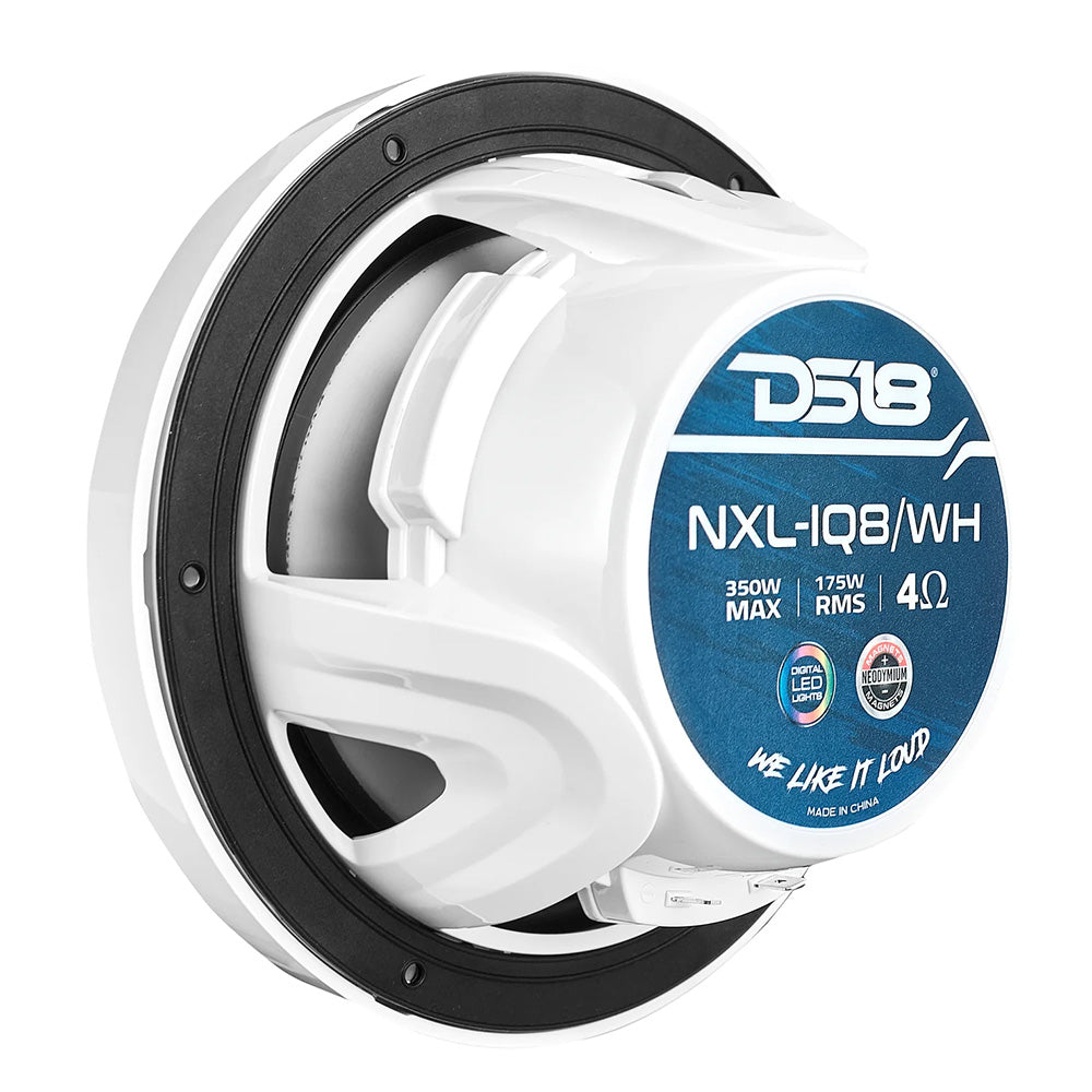 DS18 8 inch 2-way white marine speakers with digital LED lights and bullet tweeter