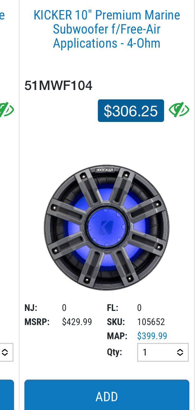 KICKER 10” Premium Marine Subwoofer – 4-Ohm, Free-Air Design with LED