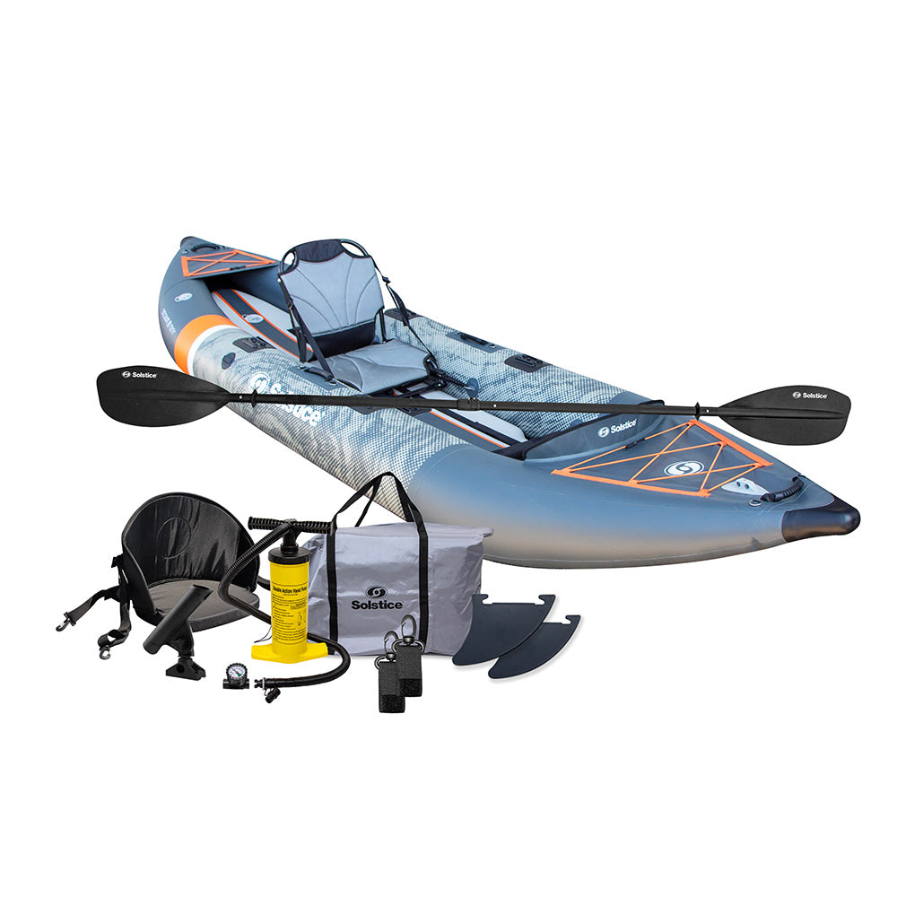 Solstice Scout Inflatable Fishing Kayak – 1–2 Person Tandem Kayak Kit with Rod Holders, Paddles & Pump