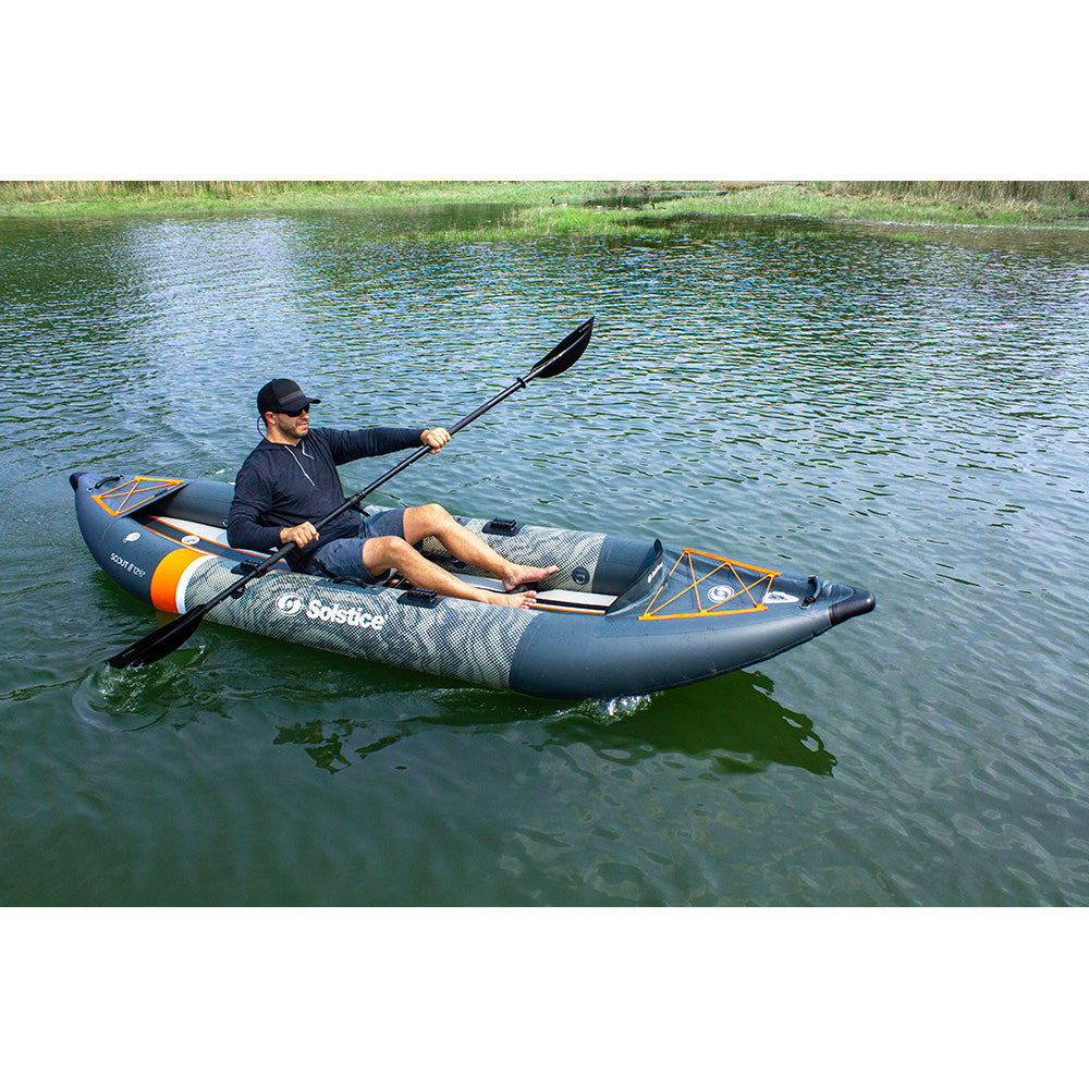 Solstice Scout Inflatable Fishing Kayak – 1–2 Person Tandem Kayak Kit with Rod Holders, Paddles & Pump