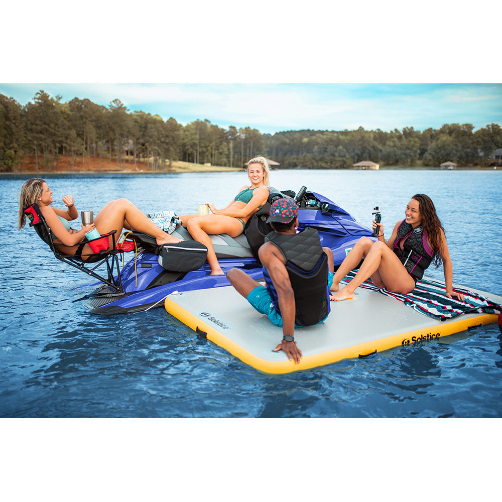 Solstice inflatable floating dock platform for lakes, durable water mat for swimming, lounging, and paddleboarding, heavy-duty drop-stitch design