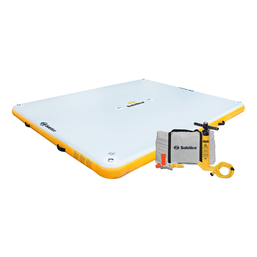 Solstice inflatable dock platform with pump, carry bag, and accessories for lake and boat use