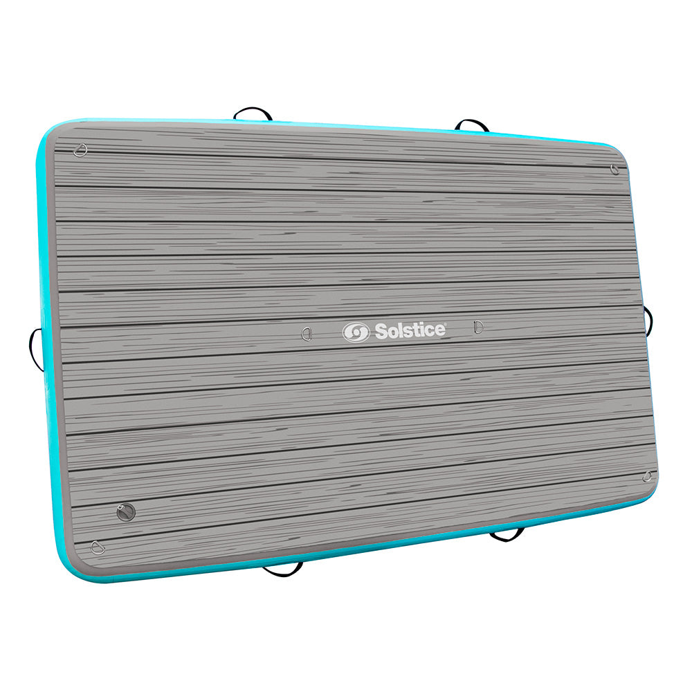 “Solstice inflatable dock platform with gray non-slip deck and teal edge for water lounging and activities”