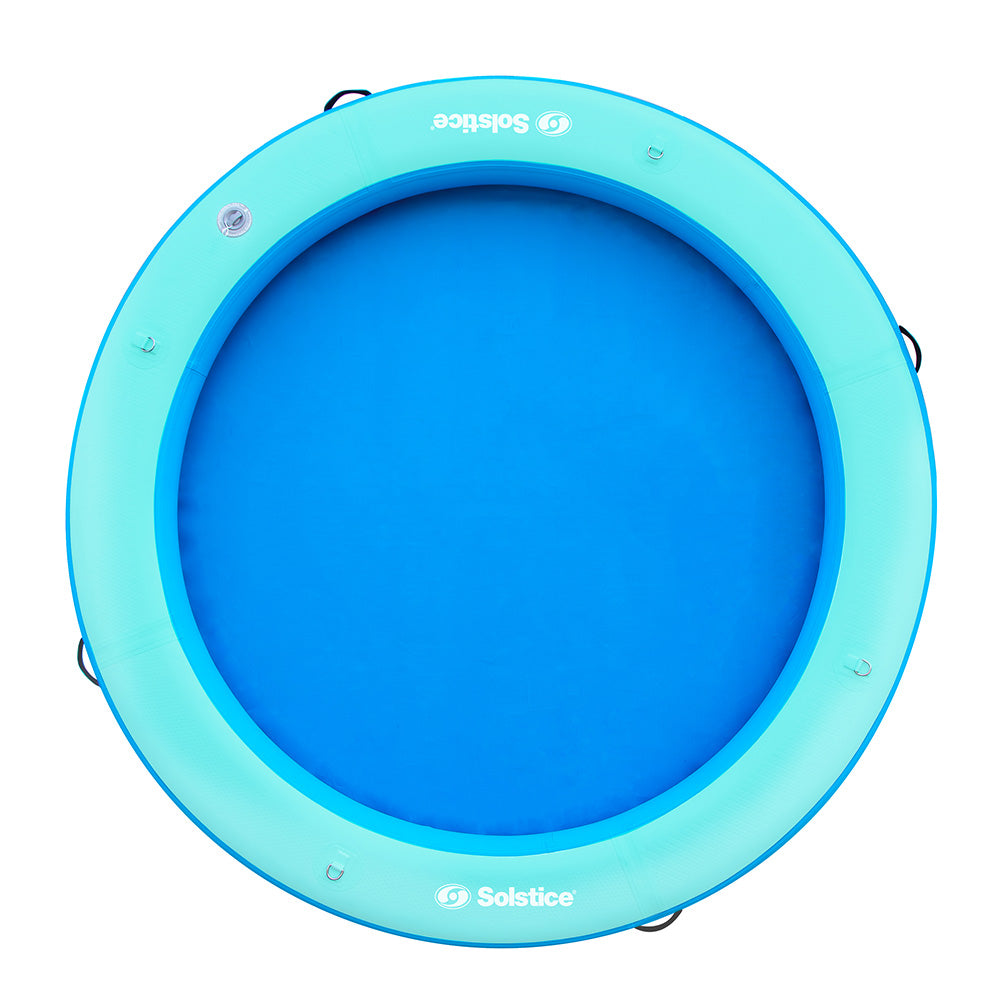 “Blue Solstice inflatable round floating lounge with heavy-duty construction for lakes and pools”