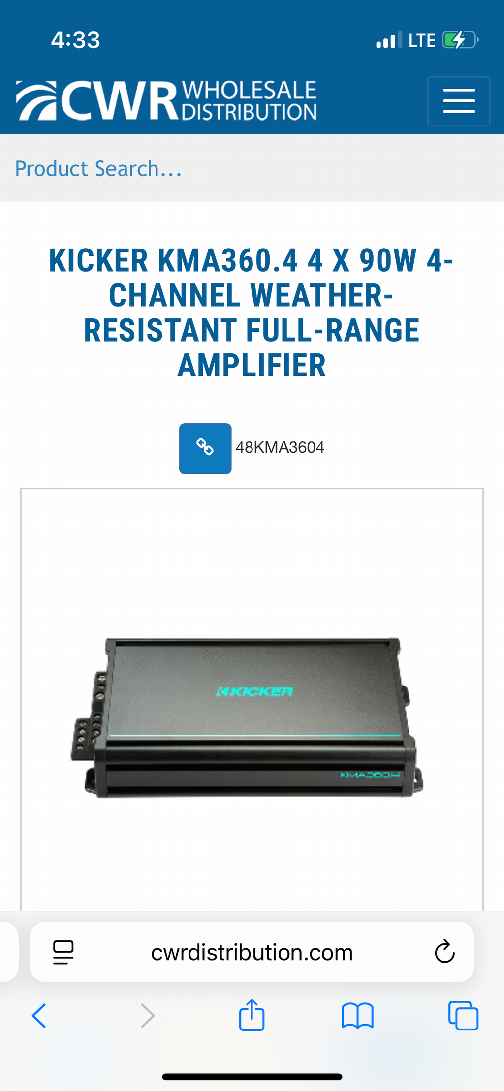 KICKER KMA360.4 4-Channel Marine Amplifier – 360W Weather-Resistant Full-Range Amp