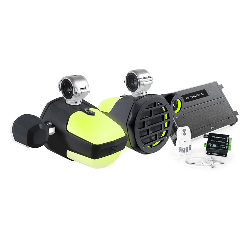 Roswell R1 Pro Marine Audio Package with white tower speakers, amplifier, and RGB remote”