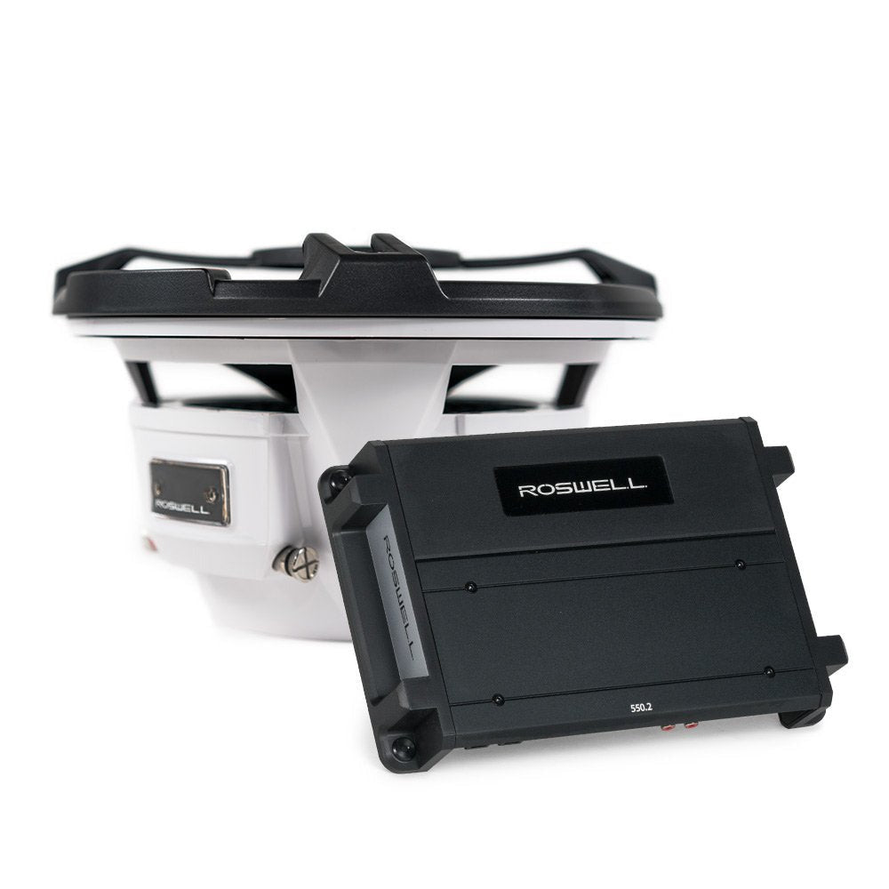 Roswell RMA 10 inch marine subwoofer package with R1 550.2 amplifier, black finish